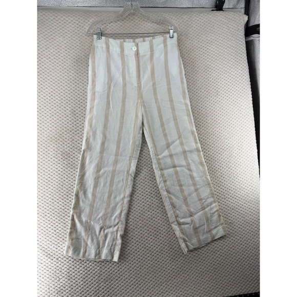 Faherty Striped Wide Leg Pants Womens Medium Cream Tan Linen Blend High Rise - Picture 2 of 12